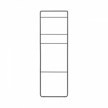 Minimalistische schwarze Drahtregaleinheit mit vier geräumigen Regalen für vielseitige Aufbewahrung.