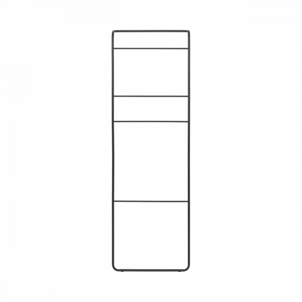 Minimalist black wire shelving unit with four spacious shelves for versatile storage.
