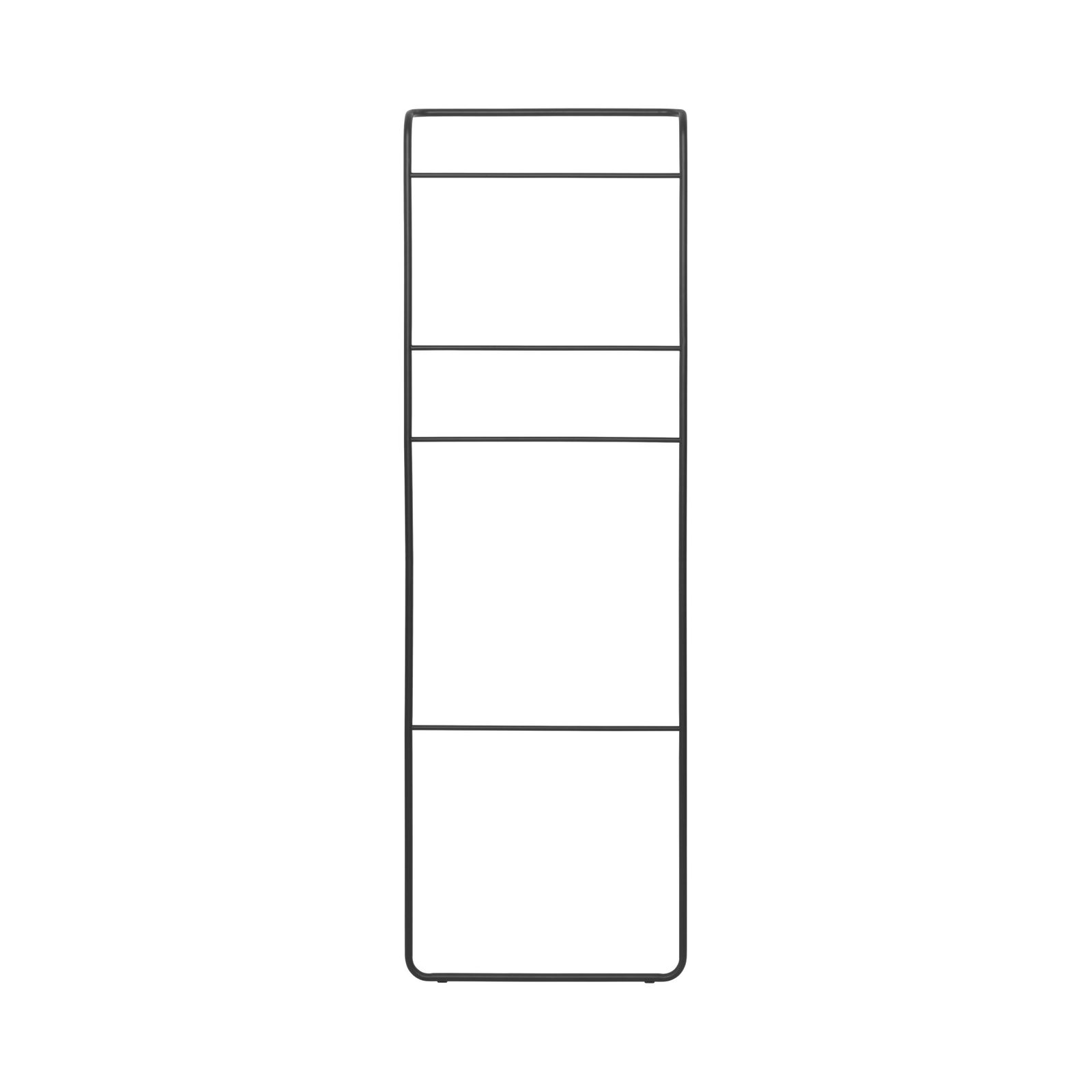 Minimalist black wire shelving unit with four spacious shelves for versatile storage.