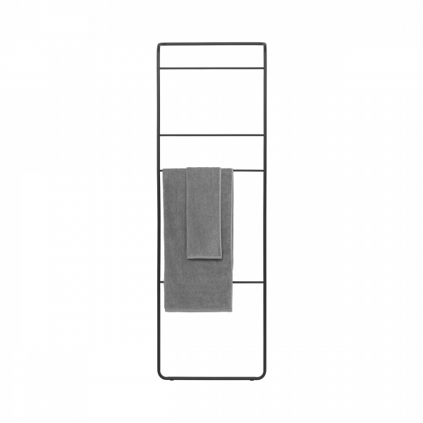Modern black towel rack showcasing a gray towel, perfect for stylish bathroom decor.