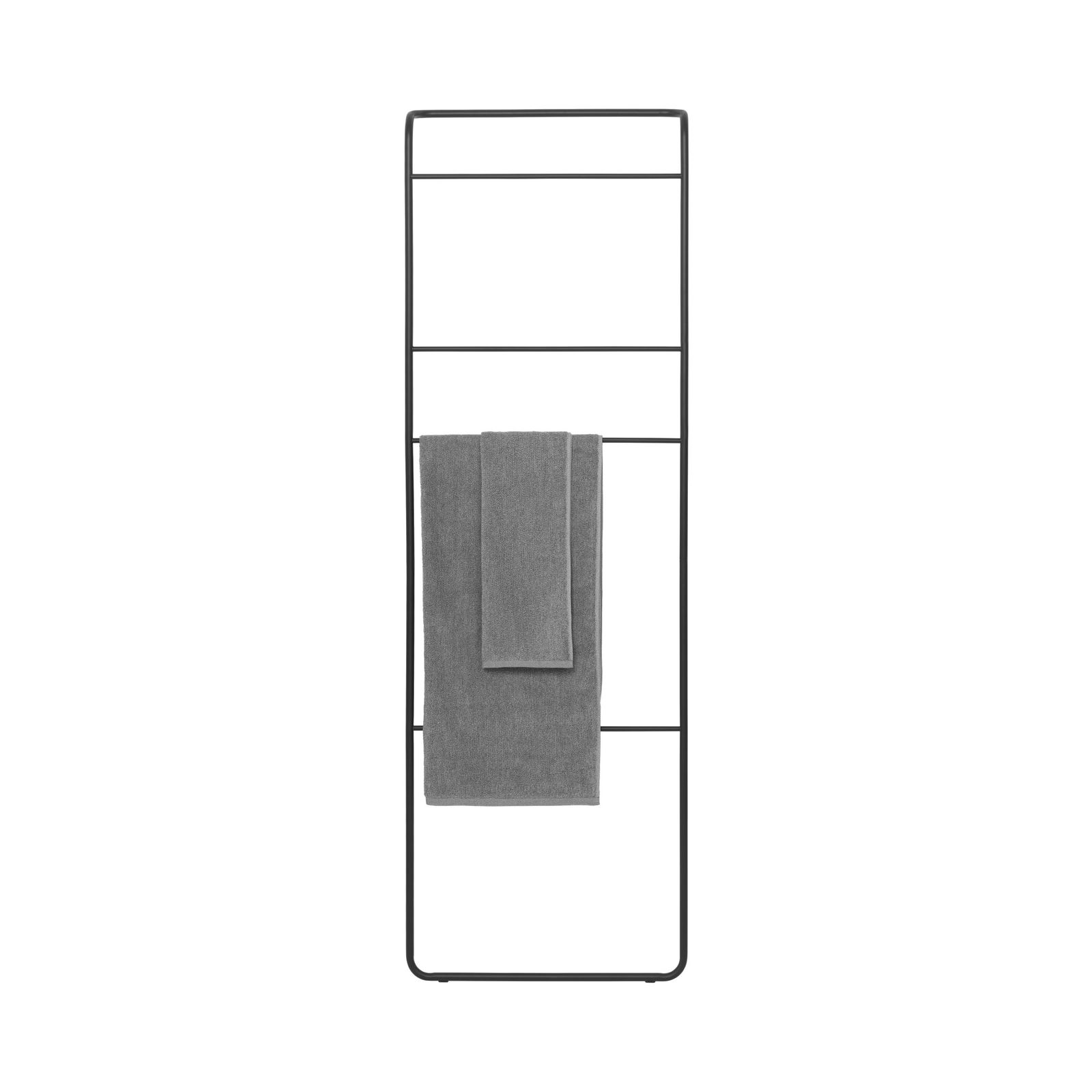 Modern black towel rack showcasing a gray towel, perfect for stylish bathroom decor.