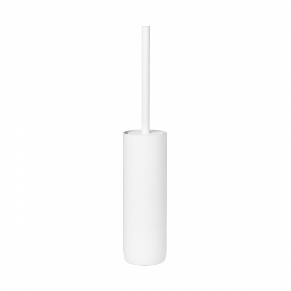 Modern white toilet brush holder with a sleek cylindrical design.