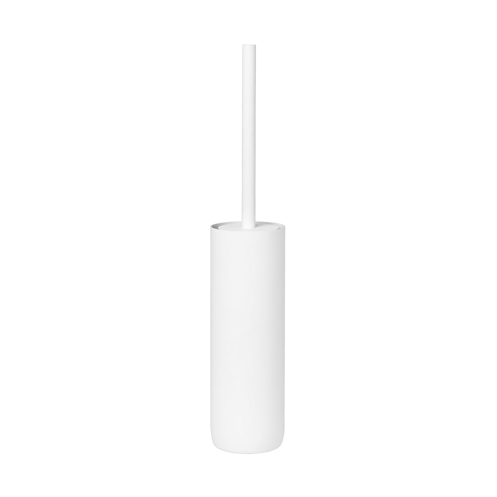 Modern white toilet brush holder with a sleek cylindrical design.