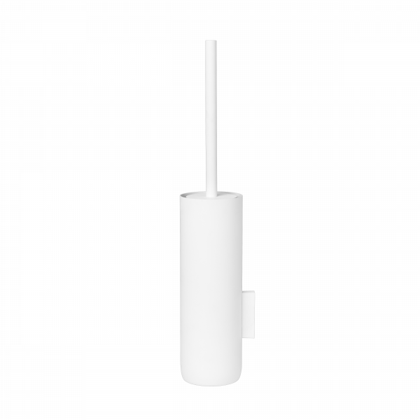 Minimalist weiße Toilettenbürstenhalter auf schwarzem Hintergrund für moderne Badezimmerdekoration.