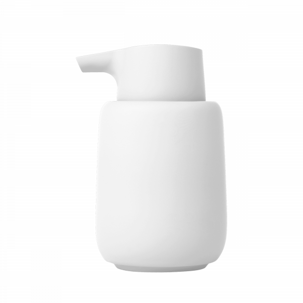 Minimalistischer weißer Seifenspender mit schlankem Design auf einem schwarzen Hintergrund.