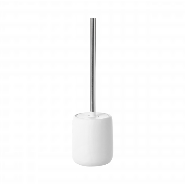 Moderne minimalistische weiße Toilettenbürstenhalter mit einem schlanken Metallgriff.