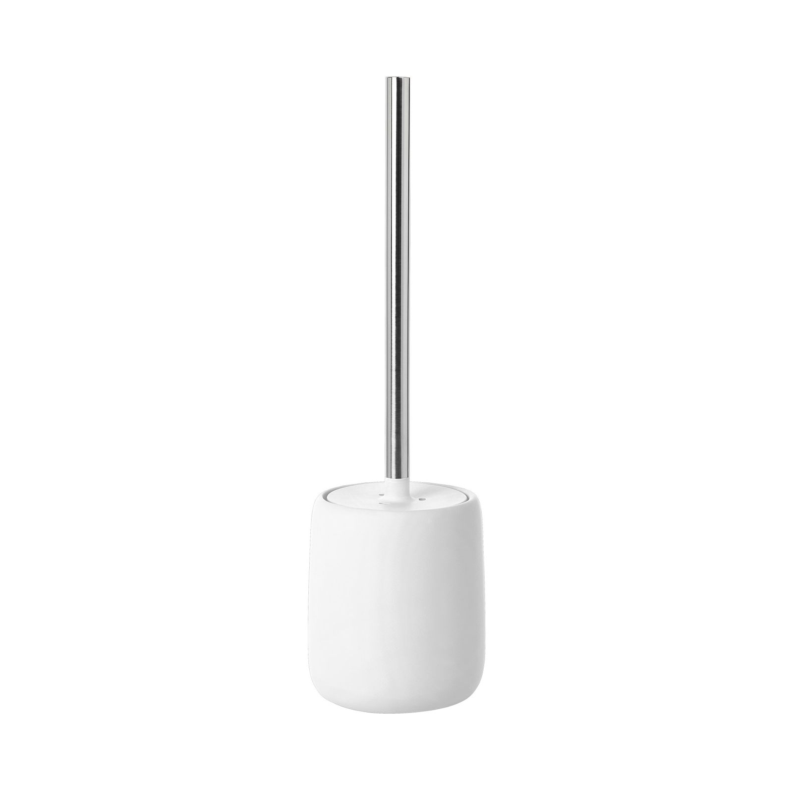 Moderne minimalistische weiße Toilettenbürstenhalter mit einem schlanken Metallgriff.