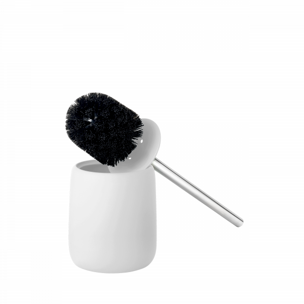 Moderne Toilettenbürste mit einem eleganten weißen Halter und schwarzen Borsten auf einem schwarzen Hintergrund.