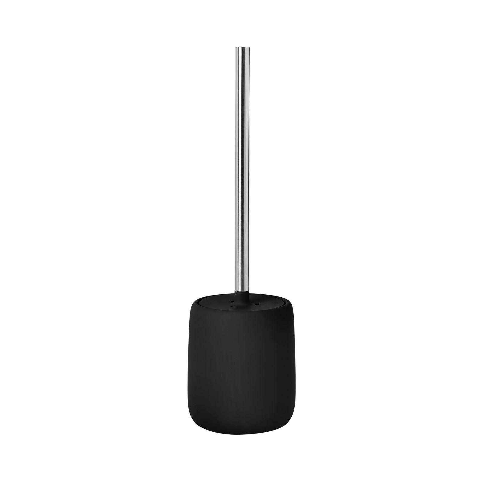 Eleganter schwarzer Toilettenbürstenhalter mit einem Griff aus Edelstahl auf schwarzem Hintergrund.