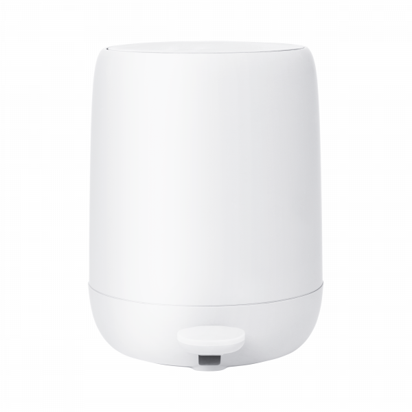 Sleek white kitchen trash can with a foot pedal for convenient hands-free use.