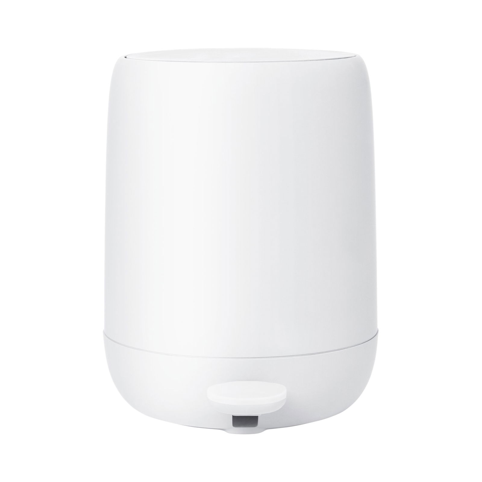 Sleek white kitchen trash can with a foot pedal for convenient hands-free use.
