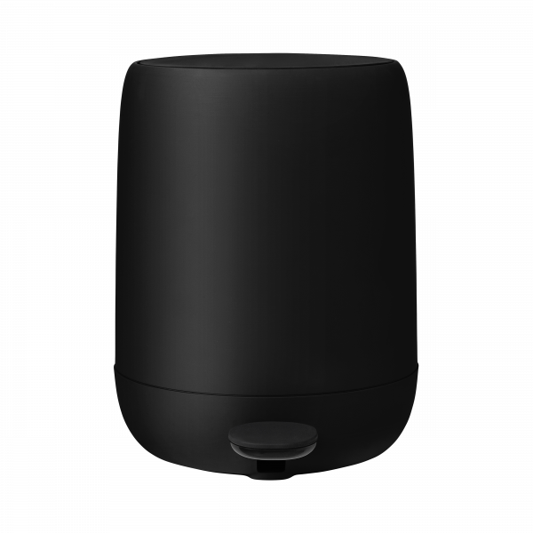 Sleek black modern trash can with a foot pedal for easy opening and stylish design.
