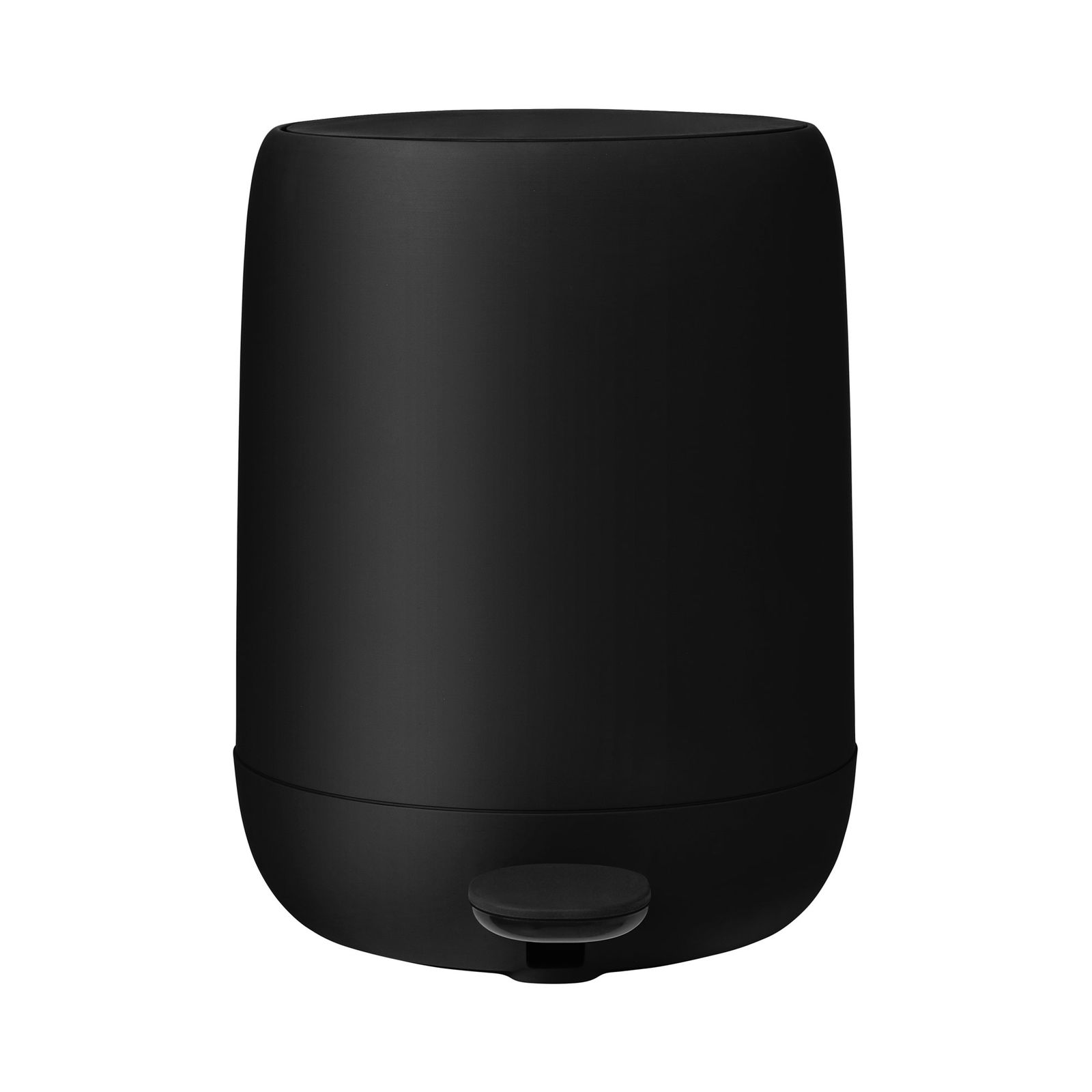 Sleek black modern trash can with a foot pedal for easy opening and stylish design.