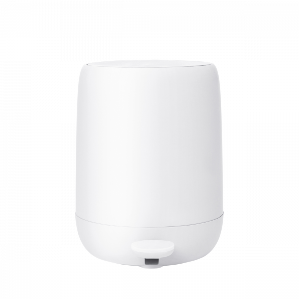 White modern trash can with a sleek design and foot pedal.
