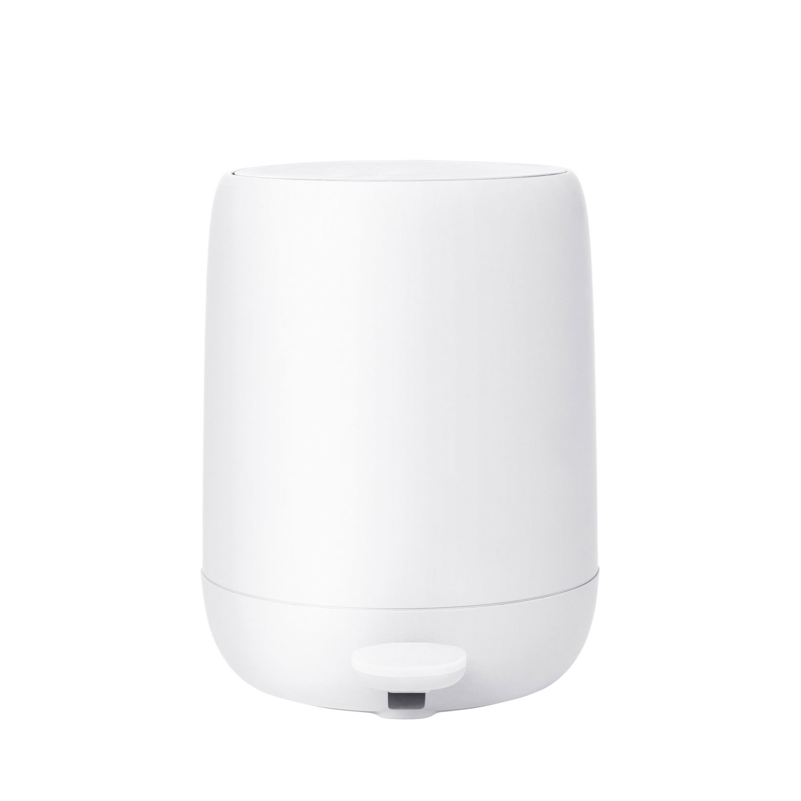 White modern trash can with a sleek design and foot pedal.