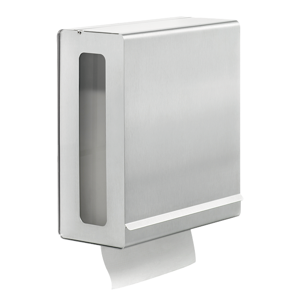 Stainless steel paper towel dispenser mounted on the wall for easy access and hygiene.