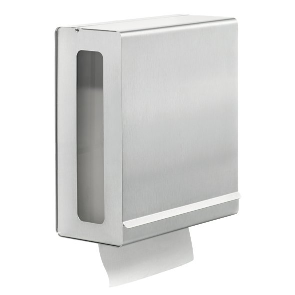 Stainless steel paper towel dispenser mounted on the wall for easy access and hygiene.