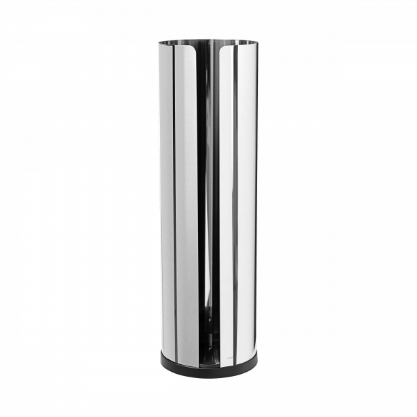 Sleek stainless steel cylindrical vase with a modern design on a black background.