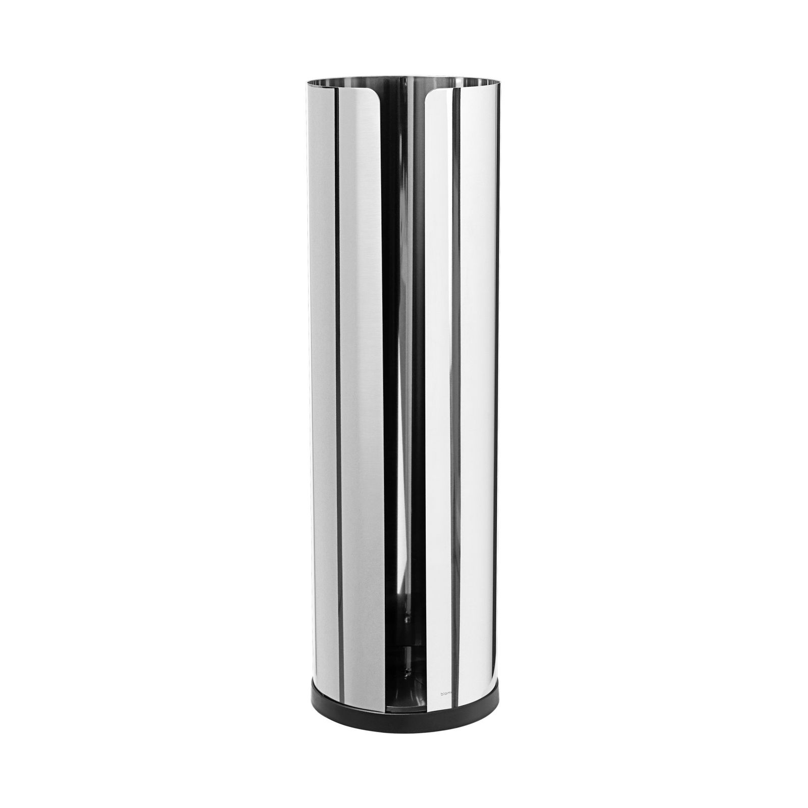 Sleek stainless steel cylindrical vase with a modern design on a black background.