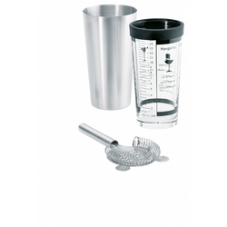 Stainless steel cocktail shaker set with measuring glass and strainer for mixology.