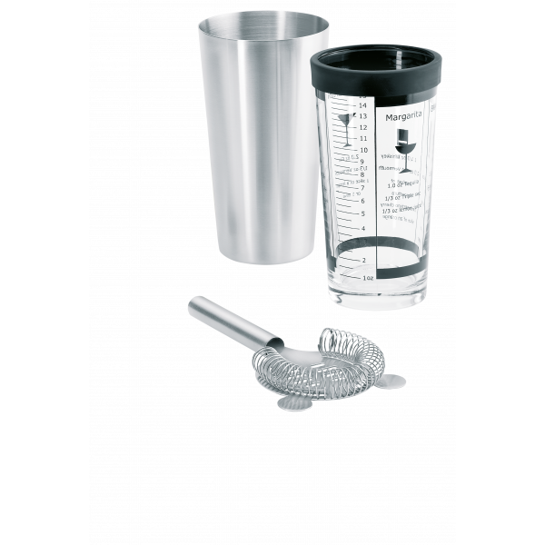 Edelstahl Cocktail-Shaker-Set mit Messglas und Sieb für Mixologie.