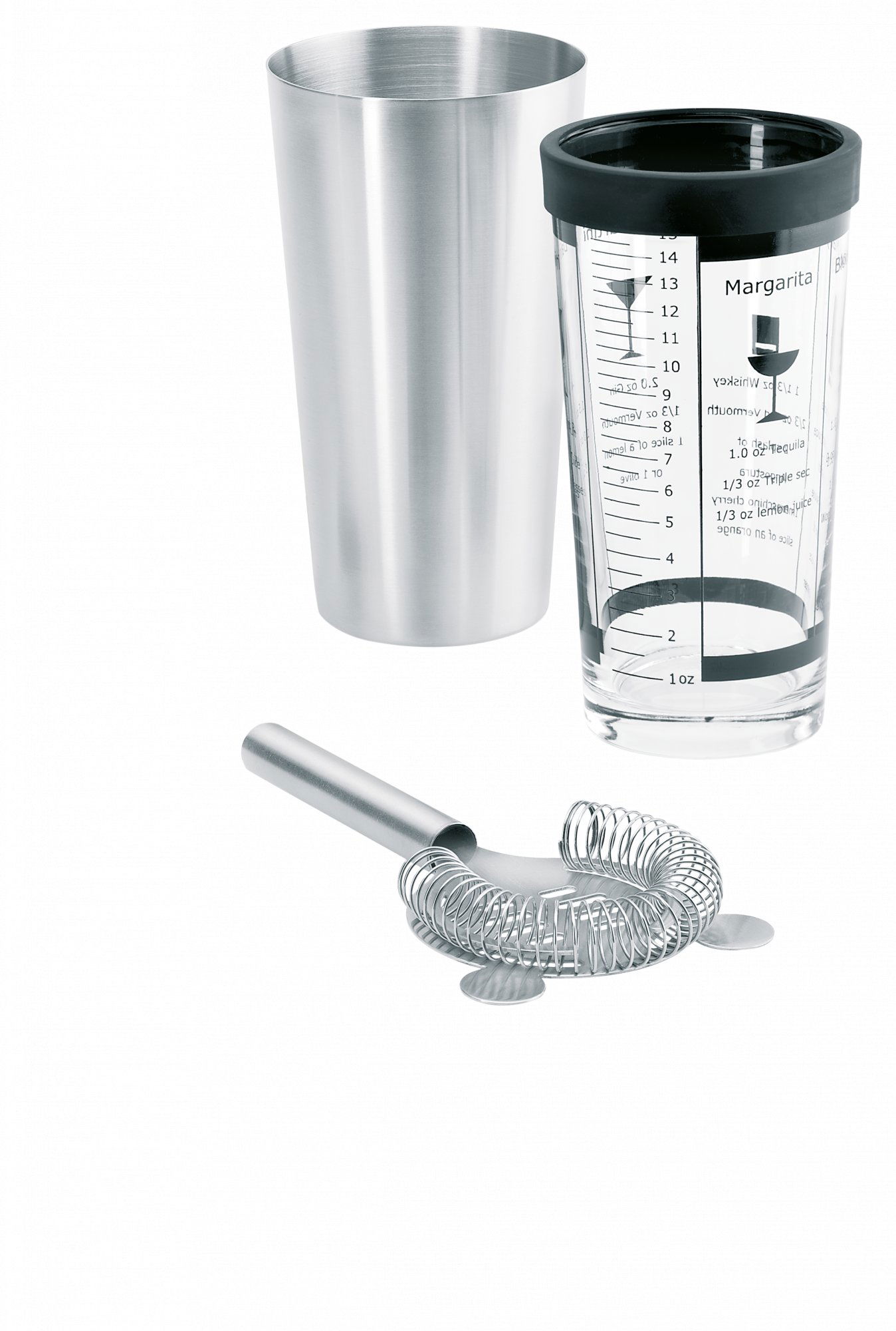 Edelstahl Cocktail-Shaker-Set mit Messglas und Sieb für Mixologie.