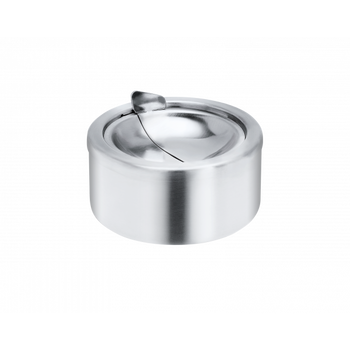 Polished stainless steel ashtray with a sleek, modern design and a cigarette slot.