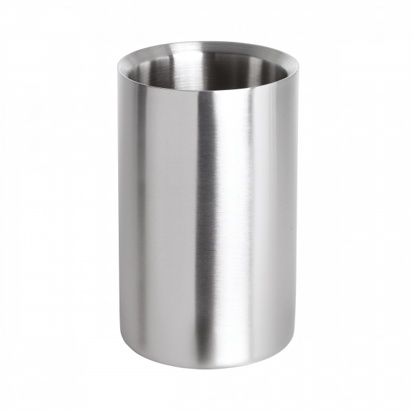 Edelstahl-Umfüllbecher mit einer eleganten, gebürsteten Oberfläche vor einem schwarzen Hintergrund.
