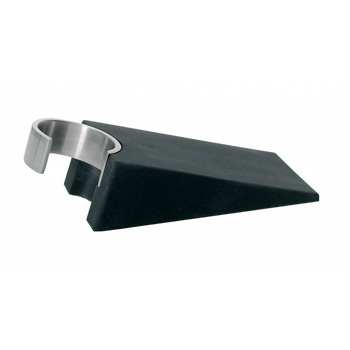 Black rubber wedge doorstop with a stainless steel handle for easy gripping.