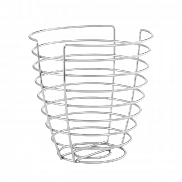 Modern wire basket with spiral design for storage and organization.