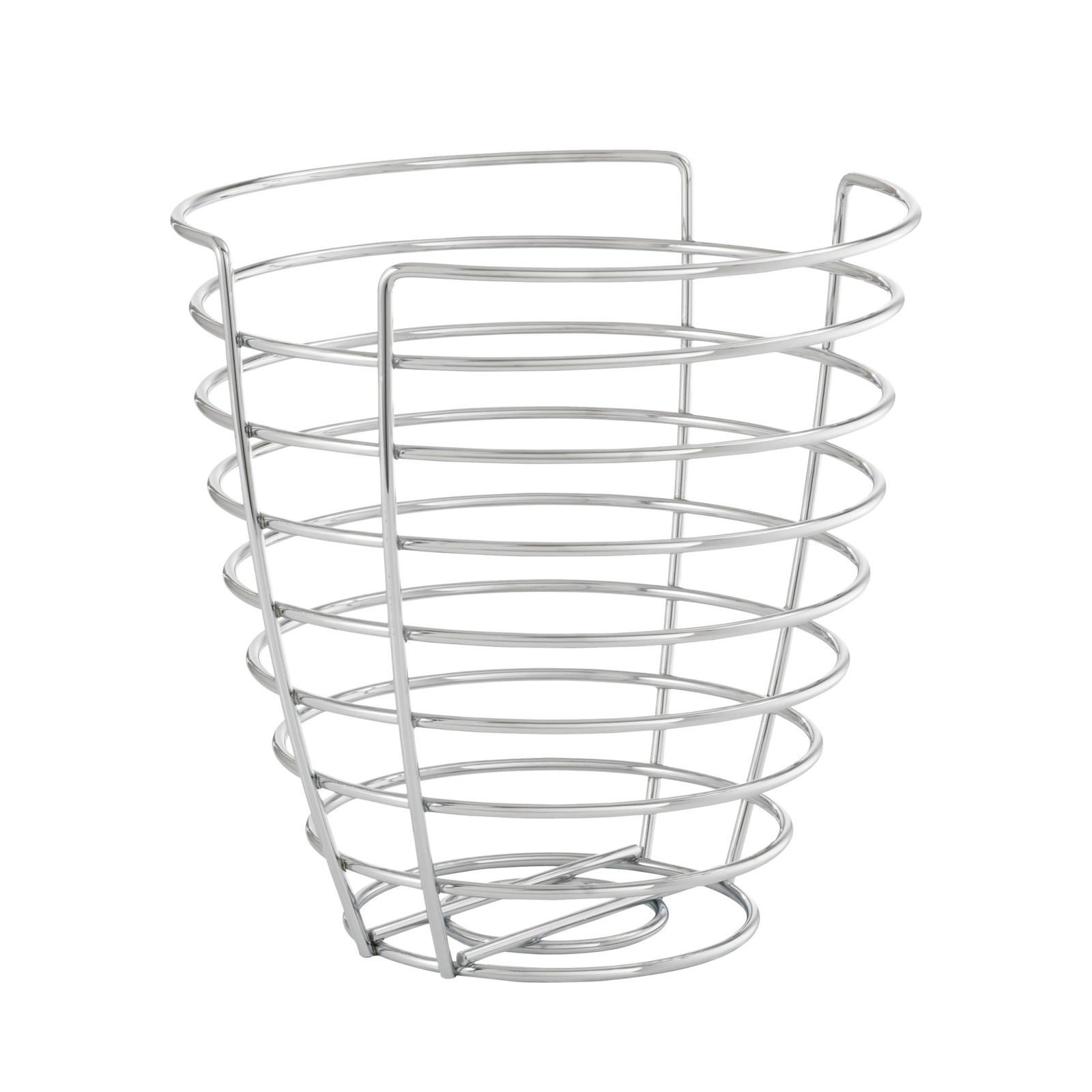 Modern wire basket with spiral design for storage and organization.