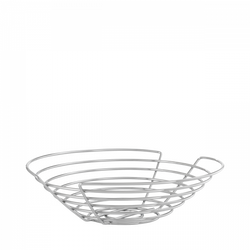 Modern wire fruit basket with a stylish, open design on a black background.