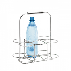 Stainless steel bottle holder with a blue plastic bottle inside.