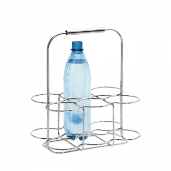 Edelstahlflaschenhalter mit einer blauen Plastikflasche innen.