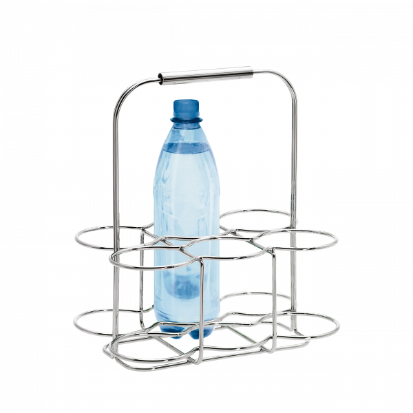 Stainless steel bottle holder with a blue plastic bottle inside.