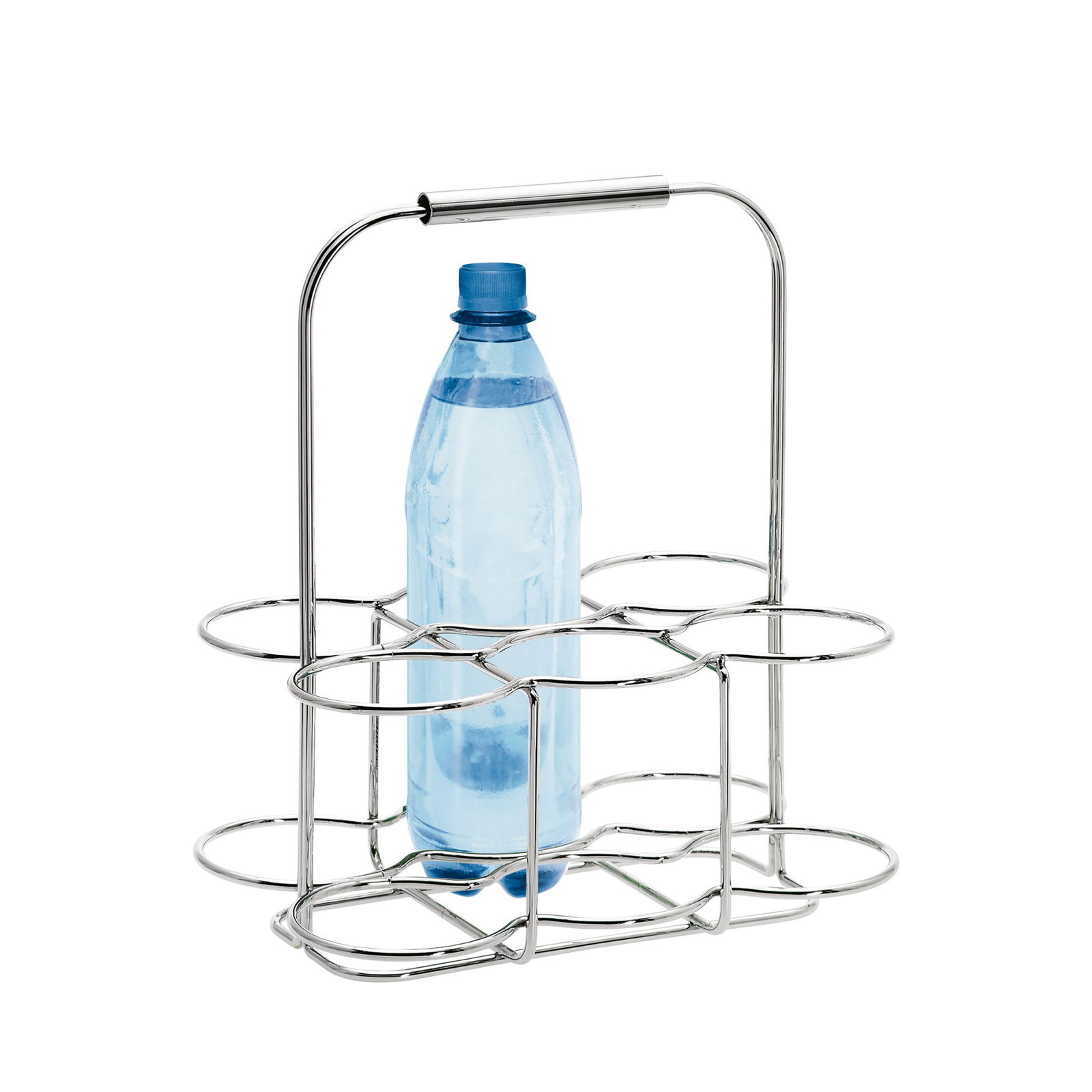 Stainless steel bottle holder with a blue plastic bottle inside.