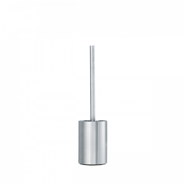 Sleek stainless steel toilet brush holder with long handle for modern bathrooms.