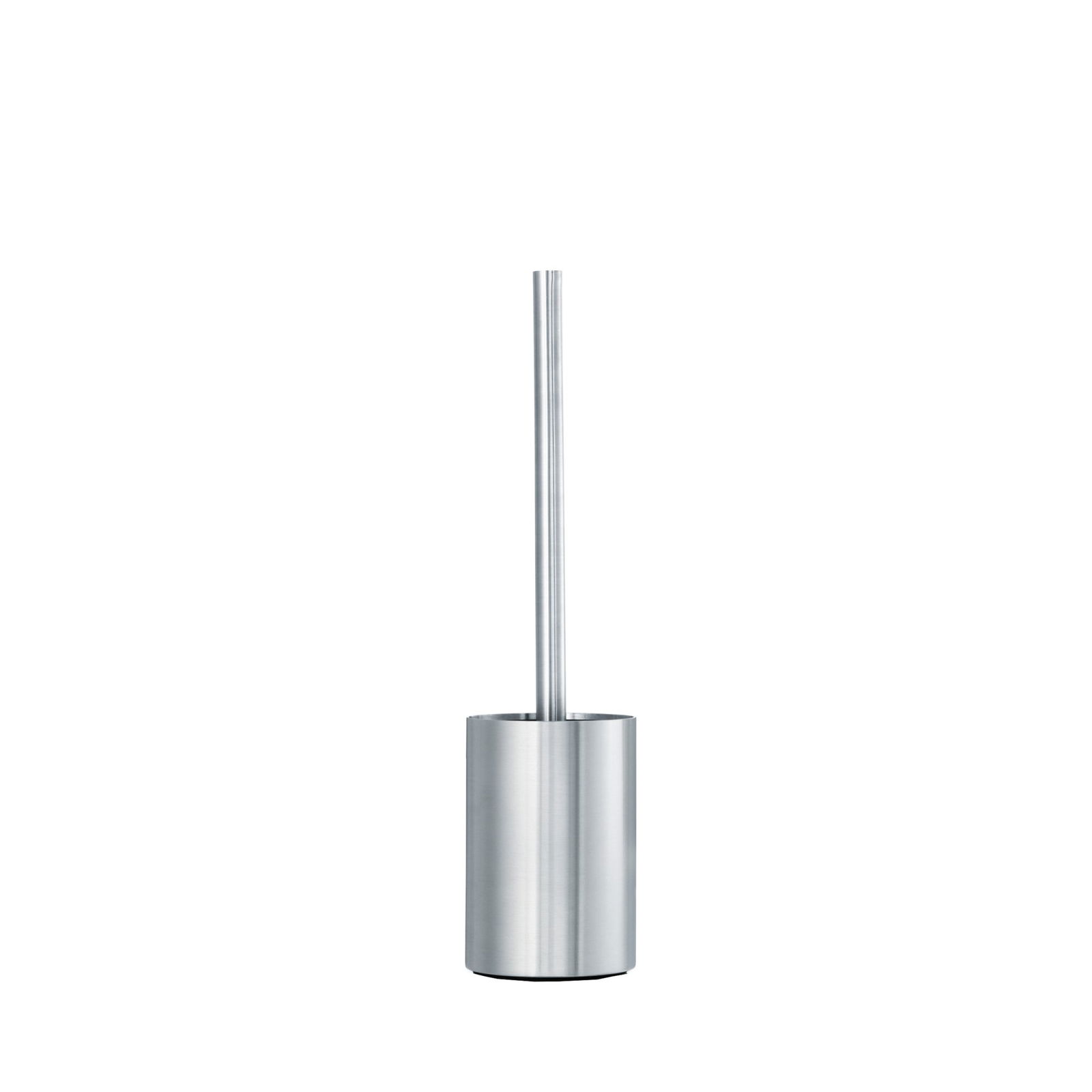 Sleek stainless steel toilet brush holder with long handle for modern bathrooms.