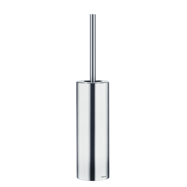 Sleek stainless steel toilet brush holder with a minimalist design.