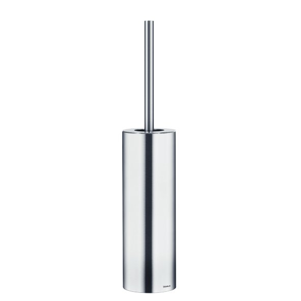 Sleek stainless steel toilet brush holder with a minimalist design.