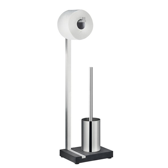 Modern bathroom accessory set featuring a toilet paper holder and brush in sleek design.
