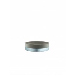 Stylish modern storage container with a sleek metal base and soft gray lid.