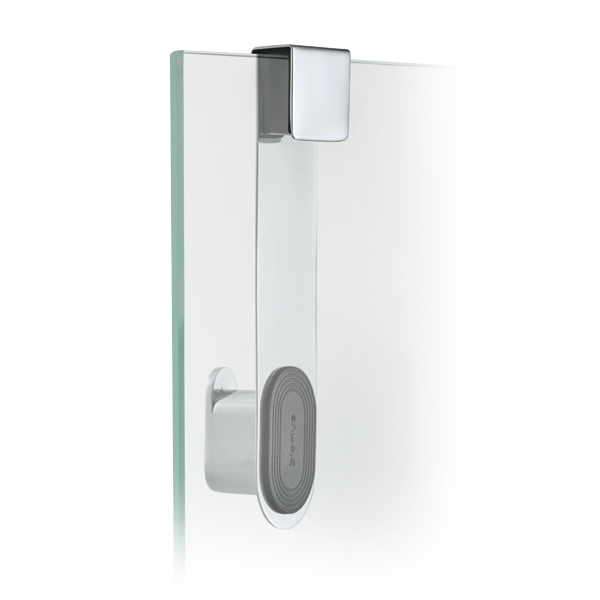 Eleganter Glastürgriff mit modernem Metall- und Gummidesign für zeitgemäße Innenräume.