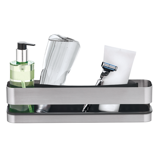 Stylischer Badezimmerorganisator mit Seife, Wasserflasche, Rasierer und Rasierschaum in elegantem Design.