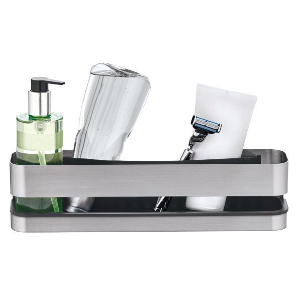 Stylischer Badezimmerorganisator mit Seife, Wasserflasche, Rasierer und Rasierschaum in elegantem Design.