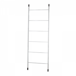Silver metal ladder with five rungs against a black background.