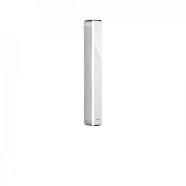 Ein schlankes, modernes weißes Gerät mit einem schlanken Design auf schwarzem Hintergrund.