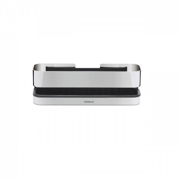 Stylish modern desk organizer with sleek silver and black design by Blomus.