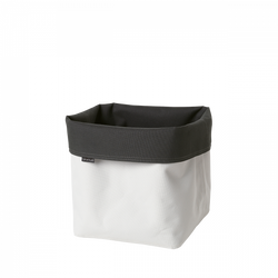 Stylish white and gray fabric storage basket for home organization.