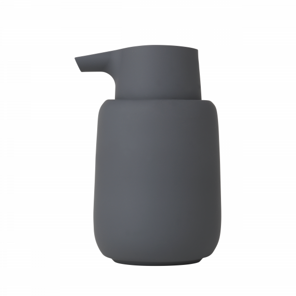 Minimalistischer grauer Seifenspender mit einem schlanken, modernen Design.